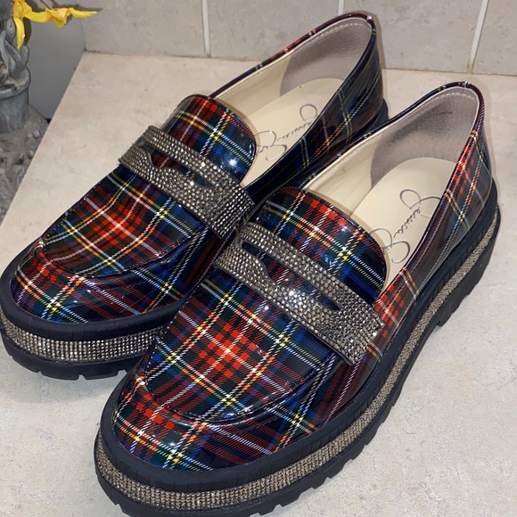 Jessica Simpson Everlynn Plaid Chunky Bling Loafers NWOT 8.5 - Picture 4 of 7